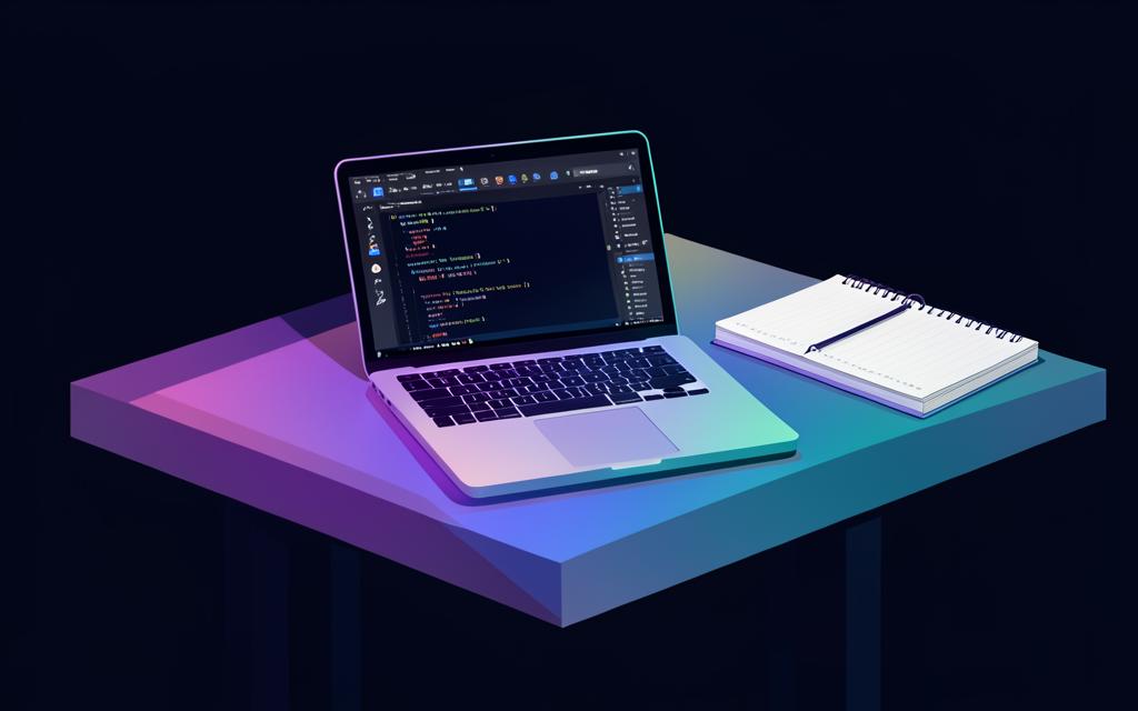 Laptop with a code editor and notebook on a desk