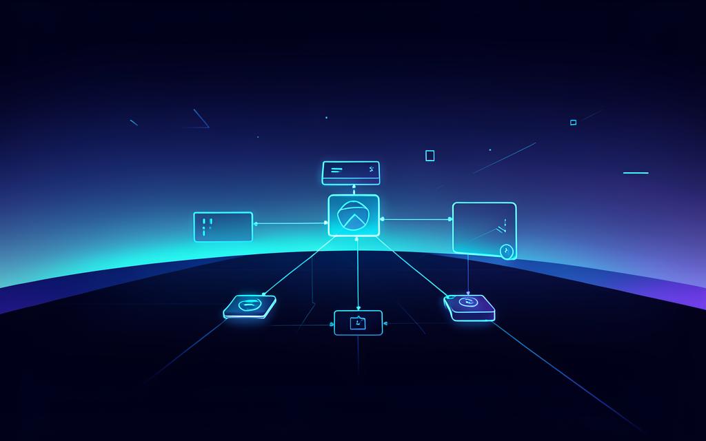 Glowing architecture blueprint over a horizon