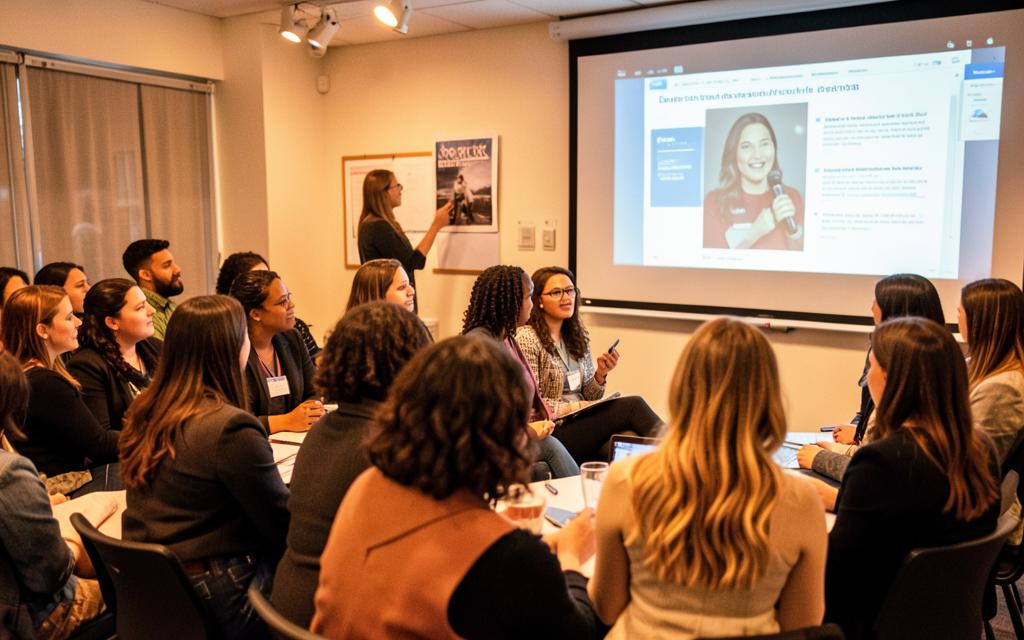 Women gathered at a community tech meetup with a speaker and projector screen